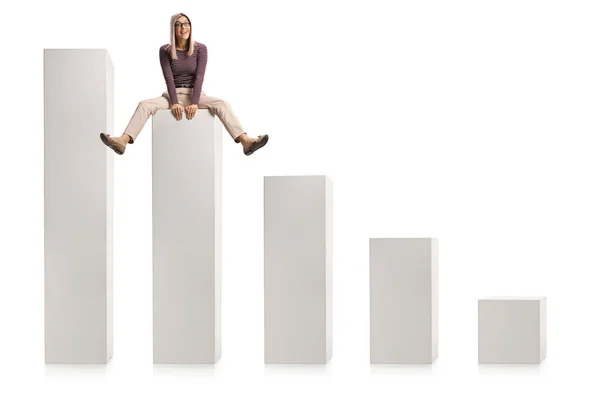 Funny Young Woman Sitting Tallest White Column Bar Isolated White — Stock Photo, Image