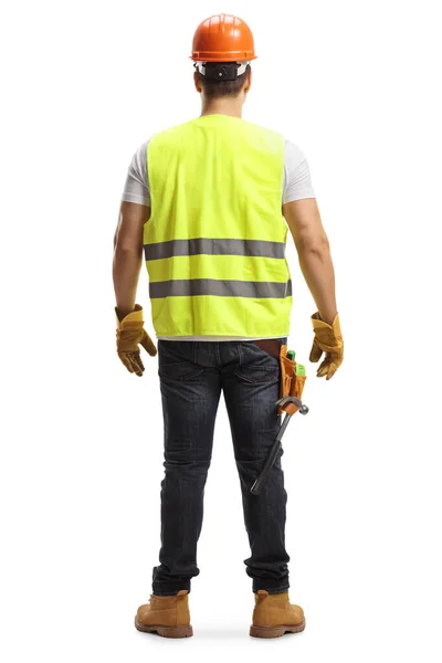 Full Length Back Shot Construction Worker Helmet Vest Isolated White — Stock Photo, Image