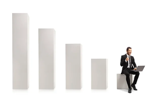 Successful Businessman Laptop Computer Sitting Column Chart Isolated White Background — Stock Photo, Image