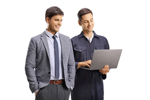 Zakenman Een Werknemer Uniform Met Een Laptop Computer Geïsoleerd Witte — Stockfoto
