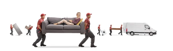 Removal Company Carrying Household Items Woman Sofa Laptop Computer Isolated — Stock Photo, Image