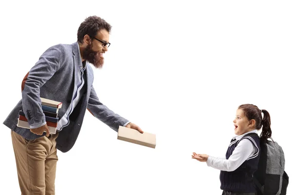 Uomo Barbuto Che Libro Una Studentessa Felice Isolata Sfondo Bianco — Foto Stock