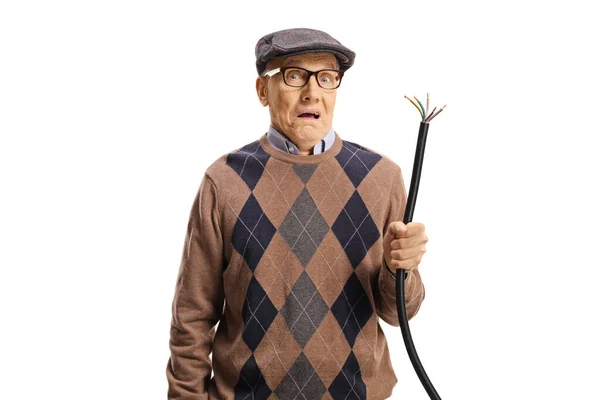 Scared Elderly Man Holding Broken Power Cable Isolated White Background — Stock Photo, Image