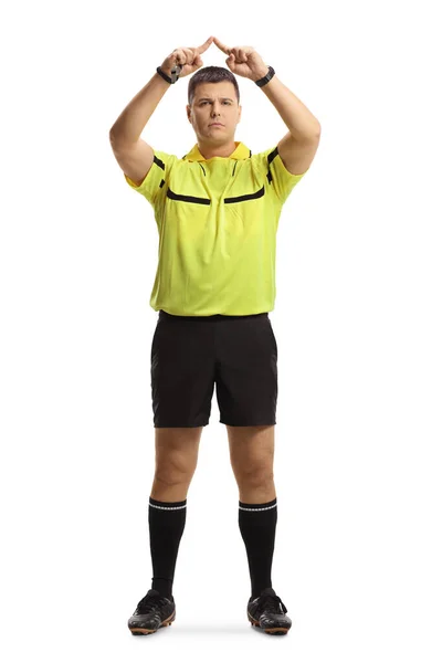 Full Length Portrait Football Referee Gesturing Var Symbol Isolated White — Stock Photo, Image