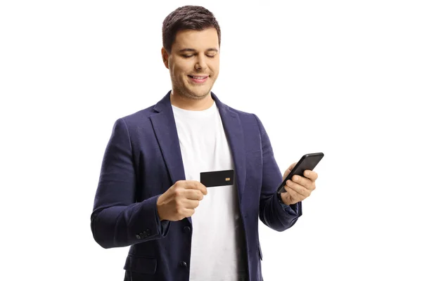 Человек Использующий Кредитную Карту Онлайн Оплаты Через Мобильный Телефон Изолированы — стоковое фото