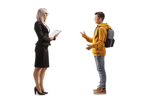 Full Length Profiel Schot Van Een Tiener Mannelijke Student Praten — Stockfoto