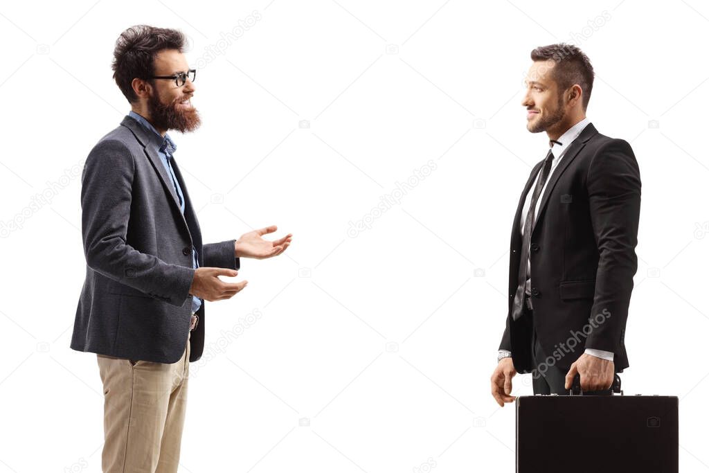 Bearded man talking to a man in a suit holding a briefcase isolated on white background
