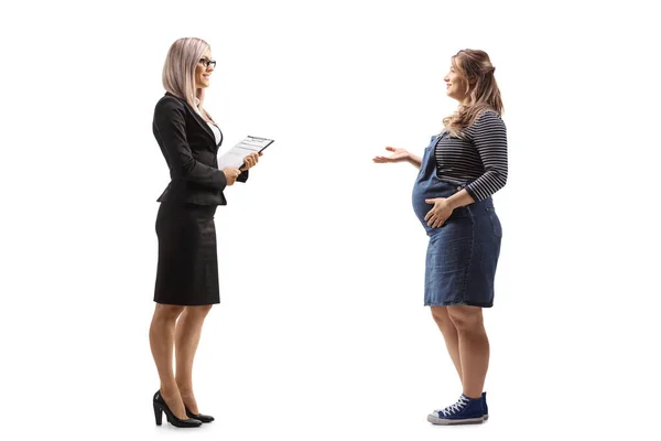Foto Perfil Completo Una Mujer Embarazada Discutiendo Licencia Maternidad Con —  Fotos de Stock