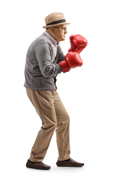 Foto Perfil Completo Caballero Edad Avanzada Boxeando Con Guantes Rojos — Foto de Stock