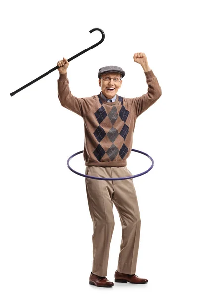 Full Length Portrait Elderly Man Holding Walking Cane Spinning Hula — Stock Photo, Image