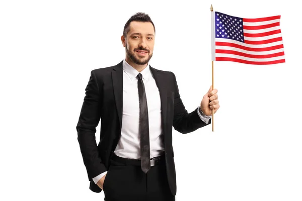 Smiling Man Suit Tie Holding Usa Flag Isolated White Background — Stock Photo, Image