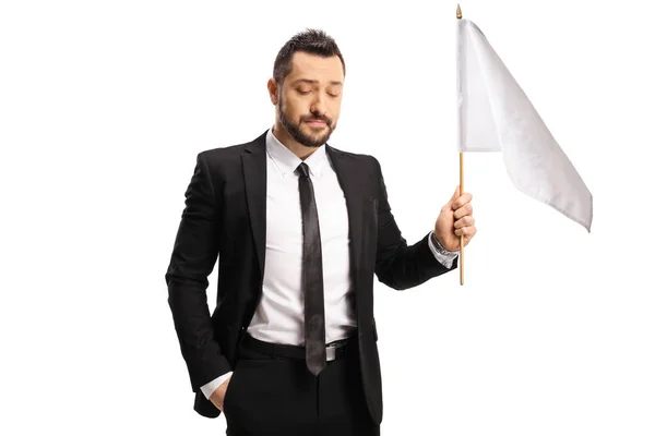 Homme Affaires Déçu Tenant Drapeau Blanc Isolé Sur Fond Blanc — Photo