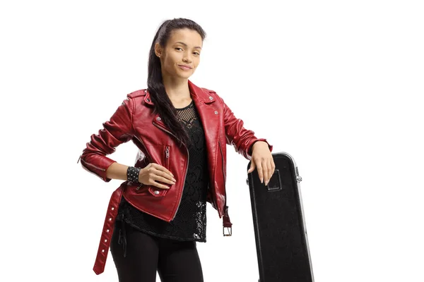 Full Length Portrait Young Female Musician Leaning Guitar Case Isolated — Stock Photo, Image
