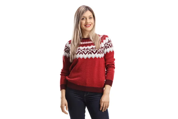 Blond Female Wearing Red Sweater Posing Isolated White Background — Stock Photo, Image