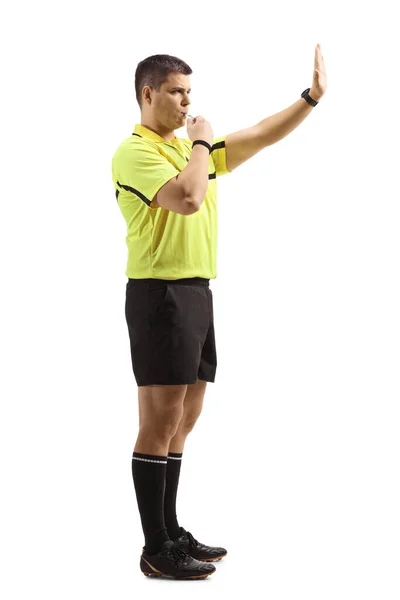 Football Referee Blowing Whistle Gesturing Stop Hand Isolated White Background — Stock Photo, Image