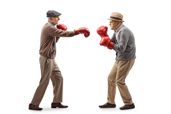 Perfil Comprimento Total Tiro Dois Idosos Lutando Com Luvas Boxe — Fotografia de Stock