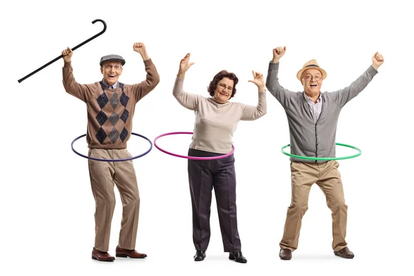 Happy Elderly People Spinning Hula Hoops Isolated White Background — Stock Photo, Image