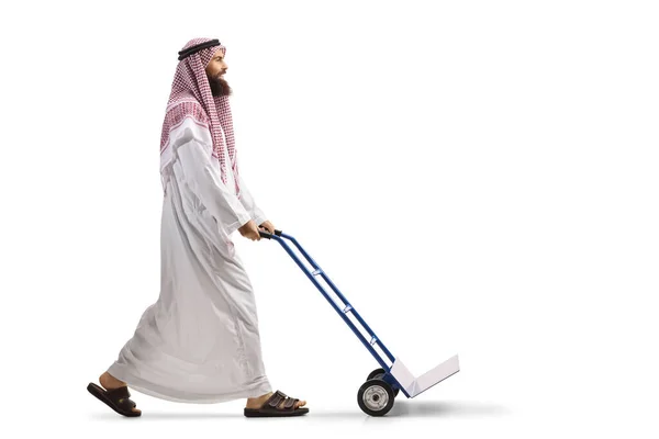 Full Length Profilo Colpo Saudita Arabo Uomo Spingendo Vuoto Mano — Foto Stock