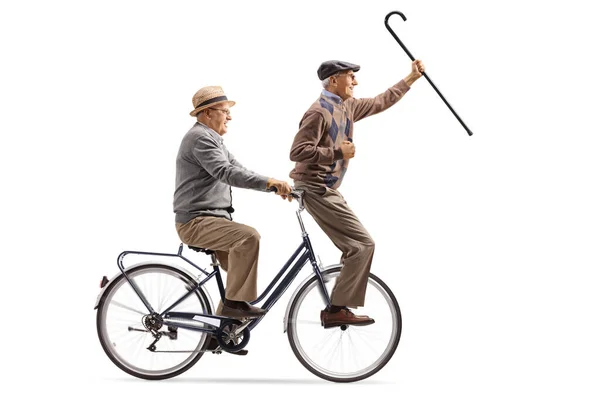 Feliz Anciano Montando Una Bicicleta Aislada Sobre Fondo Blanco — Foto de Stock