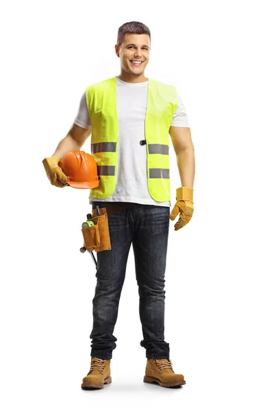 Retrato Comprimento Total Jovem Trabalhador Construção Segurando Capacete Vestindo Cinto — Fotografia de Stock