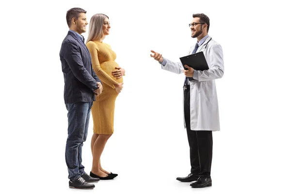 Full Length Profile Shot Doctor Talking Pregnant Woman Man Isolated — Stock Photo, Image