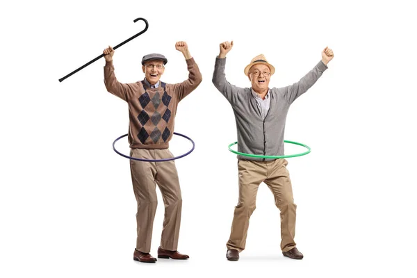 Full Length Portrait Two Elderly Men Spinning Hula Hoops Gesturing — Stock Photo, Image