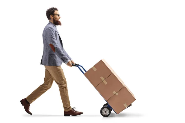 Full Length Profile Shot Bearded Man Walking Pushing Hand Truck — Stock Photo, Image