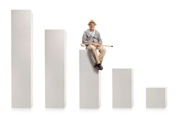 Elderly Man Cane Sitting Middle Bar Graph Chart Isolated White — Stock Photo, Image