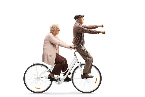 Anciano Mujer Montando Bicicleta Divirtiéndose Aislados Sobre Fondo Blanco — Foto de Stock