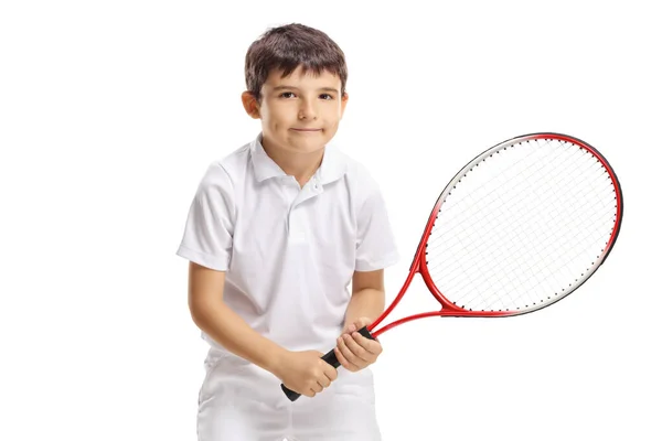 Jonge Jongen Tennins Speler Poseren Met Een Racket Geïsoleerd Witte — Stockfoto