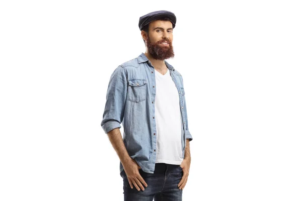 Baard Guy Hipster Man Dragen Jeans Geïsoleerd Witte Achtergrond — Stockfoto