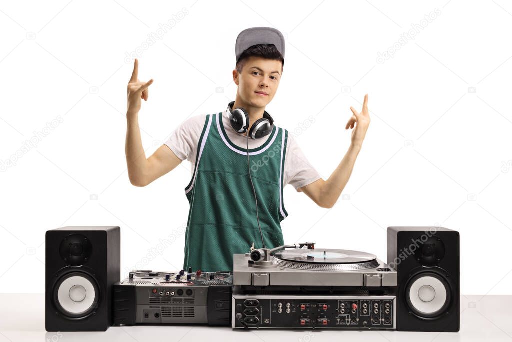 Young male dj with vinyl turntable gesturing a sign isolated on white background