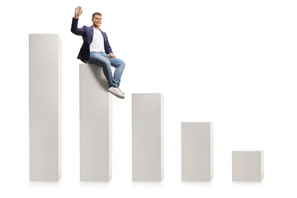 Man Jeans Suit Sitting Bar Graph Waving Camera Isolated White — Stock Photo, Image