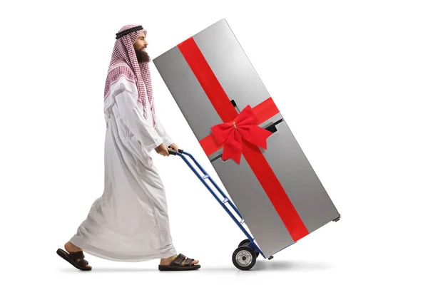 Vollständige Profilaufnahme Eines Saudi Arabischen Mannes Der Einen Kühlschrank Mit — Stockfoto