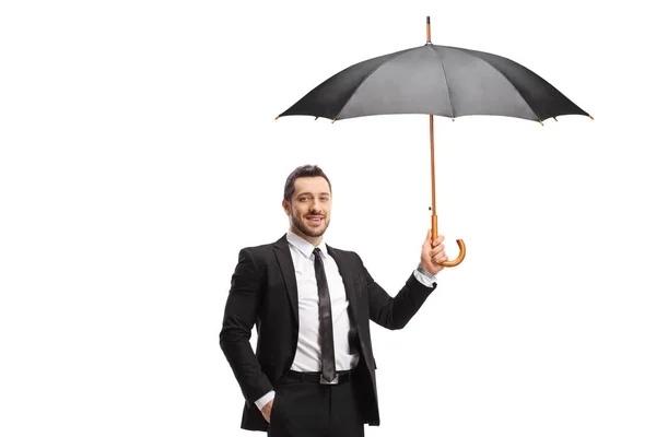 Man Kostym Och Slips Håller Ett Paraply Isolerad Vit Bakgrund — Stockfoto