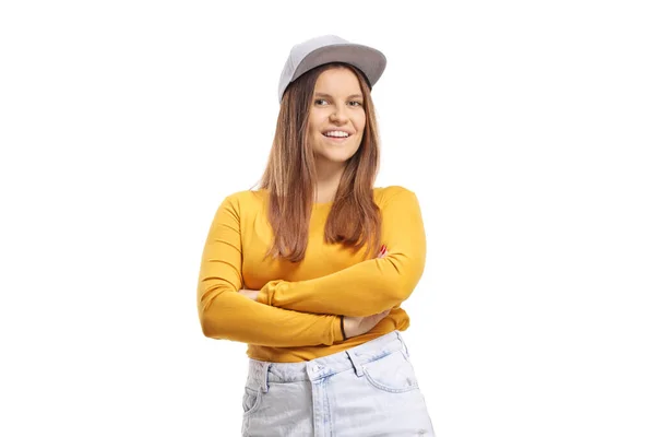 Mujer Joven Con Una Gorra Aislada Sobre Fondo Blanco — Foto de Stock