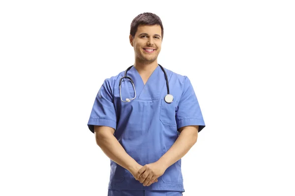Praktikant Blauer Uniform Posiert Isoliert Lächelnd Auf Weißem Hintergrund — Stockfoto