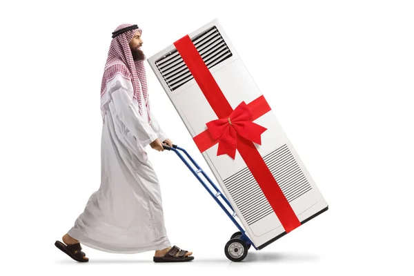 Full Length Profile Shot Saudi Arab Man Pushing Hand Truck — Stock Photo, Image