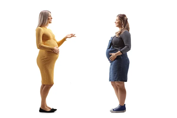 Full Length Profile Shot Two Pregnant Women Talking Eachother Isolated — Stock Photo, Image