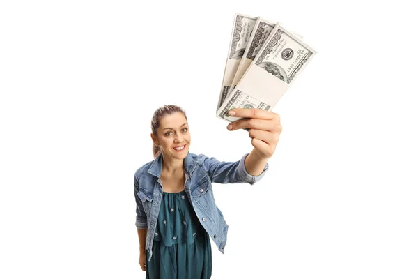 Young Woman Holding Money Banknotes Front Camera Isolated White Background — Stock Photo, Image