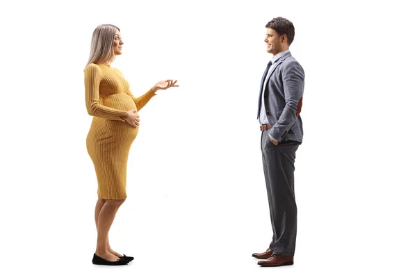 Full Length Profile Shot Pregnant Woman Talking Her Husband Isolated — Stock Photo, Image