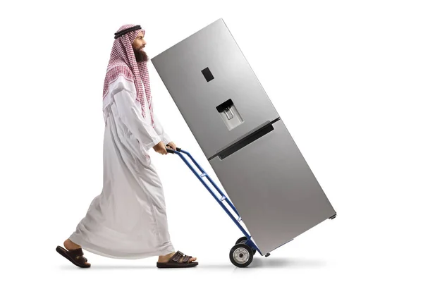 Vollständige Profilaufnahme Eines Saudi Arabischen Mannes Der Einen Handwagen Mit — Stockfoto