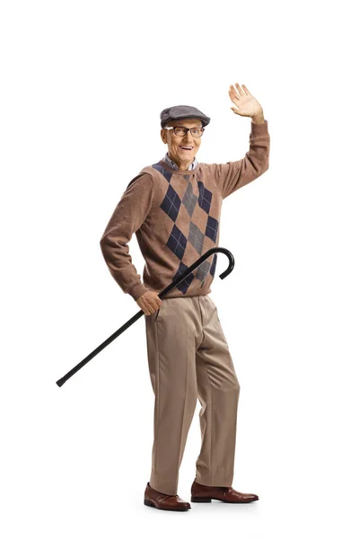 Gentiluomo Anziano Che Tiene Bastone Saluta Con Mano Isolata Sfondo — Foto Stock