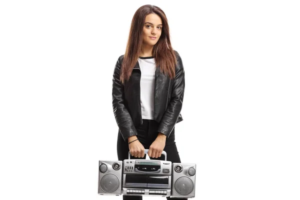 Mujer Joven Con Una Radio Boombox Aislada Sobre Fondo Blanco — Foto de Stock