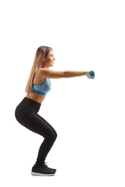 Full Length Profile Shot Young Woman Sportswear Exercising Small Blue — Stock Photo, Image