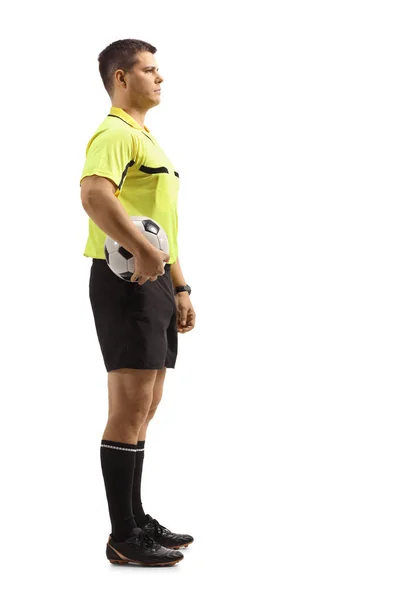 Full Length Profile Shot Footall Referee Holding Ball Arm Isolated — Stock Photo, Image