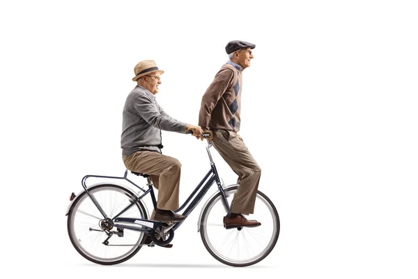 Anciano Montando Otro Anciano Una Bicicleta Aislada Sobre Fondo Blanco —  Fotos de Stock