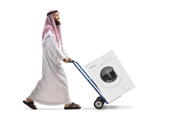 Vollständige Profilaufnahme Eines Arabischen Mannes Der Einen Handwagen Mit Waschmaschine — Stockfoto