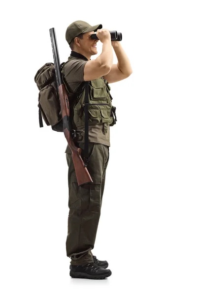 Full Length Profile Shot Hunter Uniform Looking Binoculars Isolated White — Stock Photo, Image