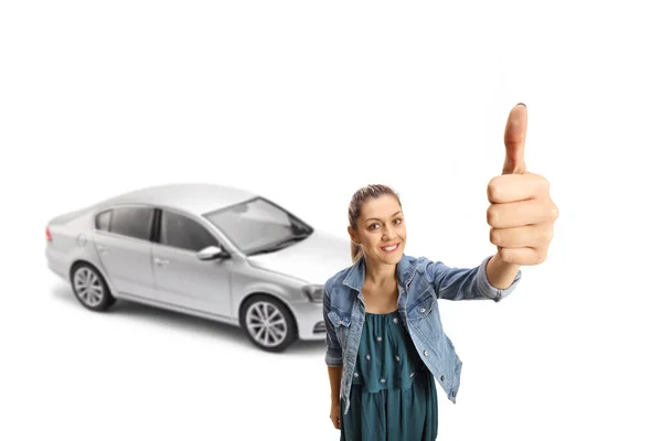 Young Woman Driver New Silver Car Showing Thumbs Isolated White — Stock Photo, Image